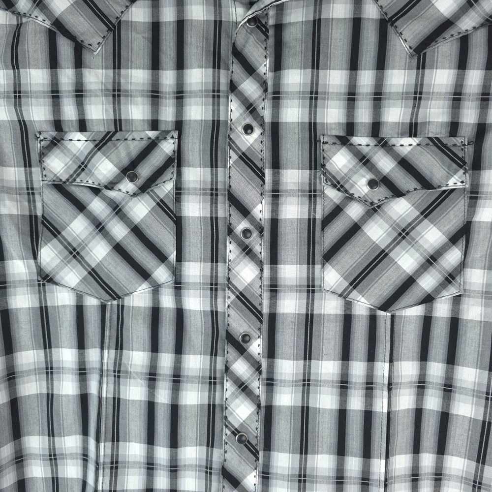 Wrangler Western Shirt Mens L Black Plaid Pearl‎ Snap Short Sleeve MVG325K Rodeo - Picture 7 of 11